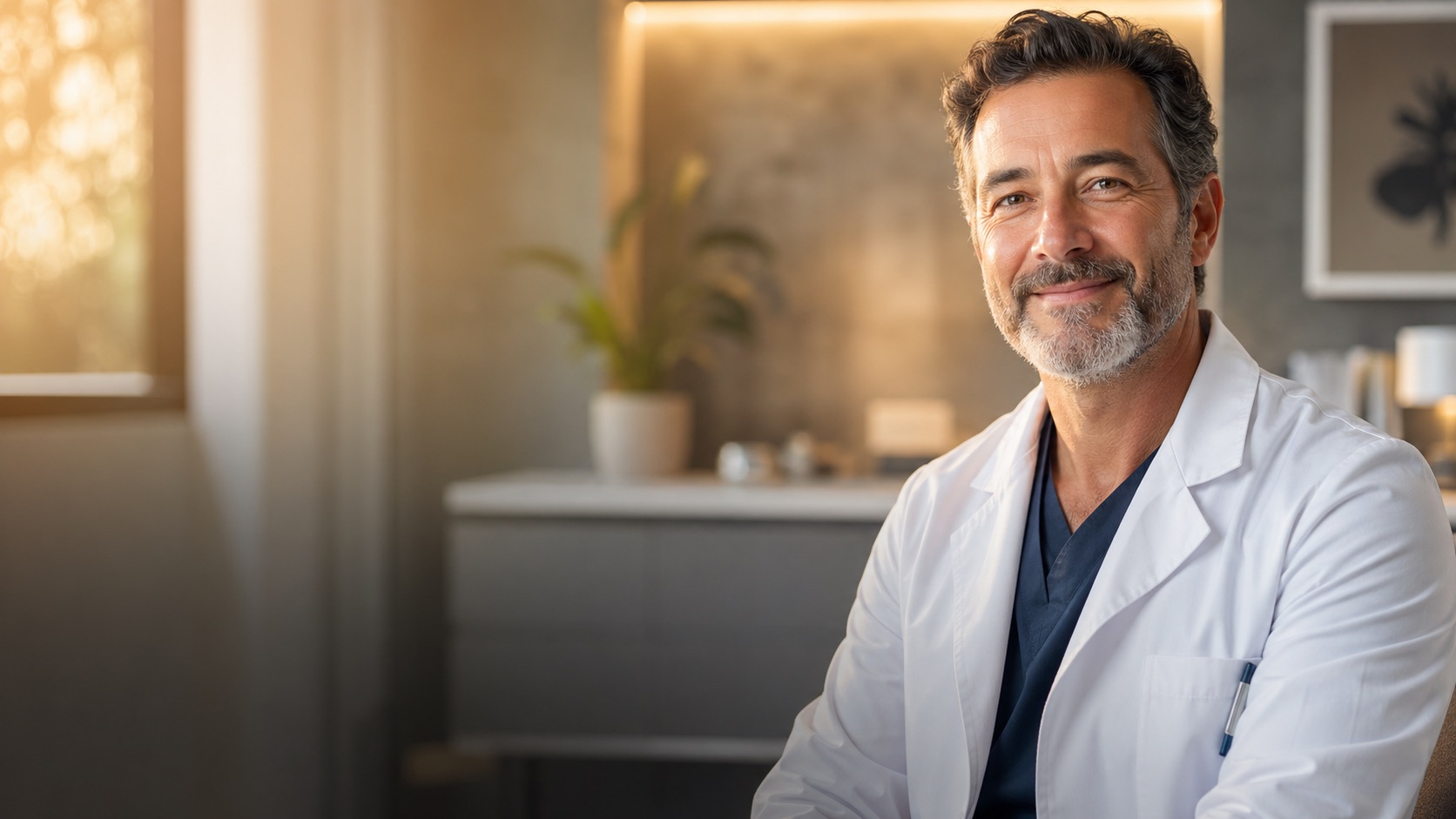 Professionnel de santé souriant dans un cabinet moderne éclairé par une lumière chaude.